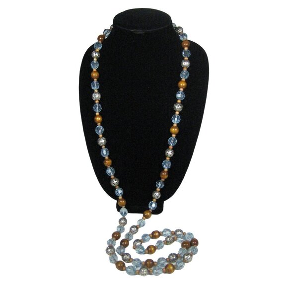Necklace Women 60 Inch Jewelry Silvertone Blue Wooden Rope Lariats FLAWED Beads - Picture 3 of 10